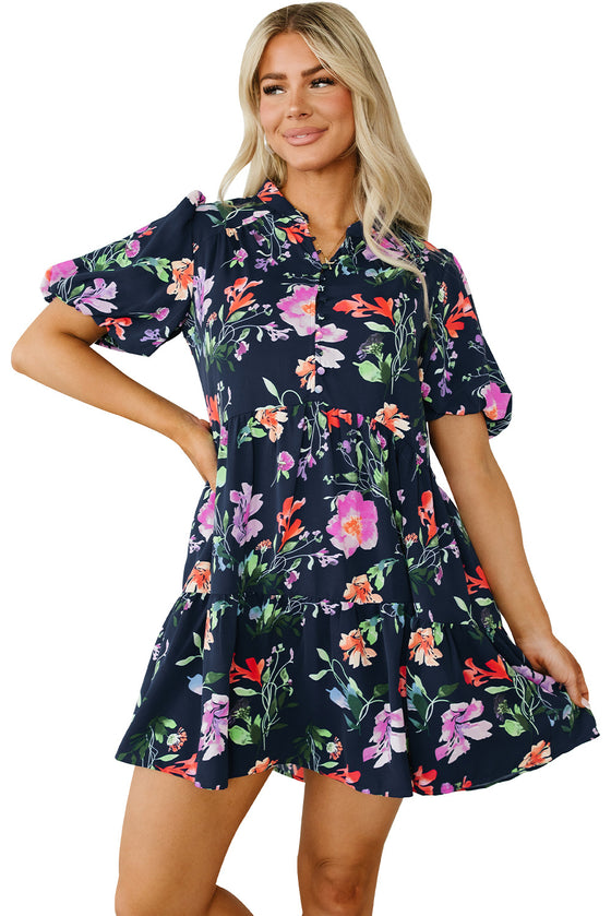 PACK6119009-P220-1, Black Floral Short Bubble Sleeve Button Mandarin Collar Dress
