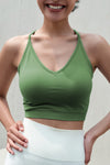 PACK264784-P2109-1, Fern Green Ribbed Spaghetti Strap V Neck Cropped Yoga Top
