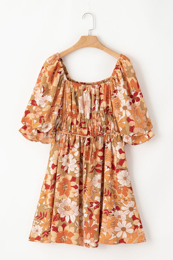 PACK6118553-P920-1, Green Ruffled Puff Short Sleeve Floral Dress