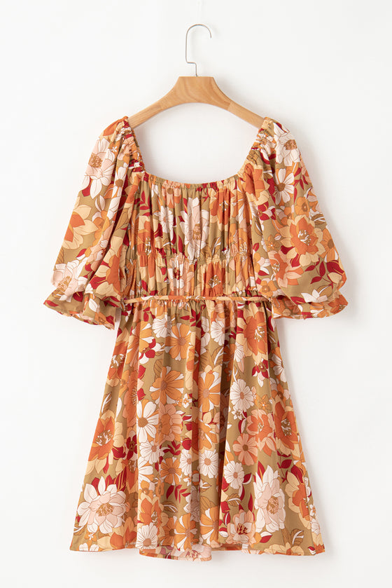 PACK6118553-P920-1, Green Ruffled Puff Short Sleeve Floral Dress