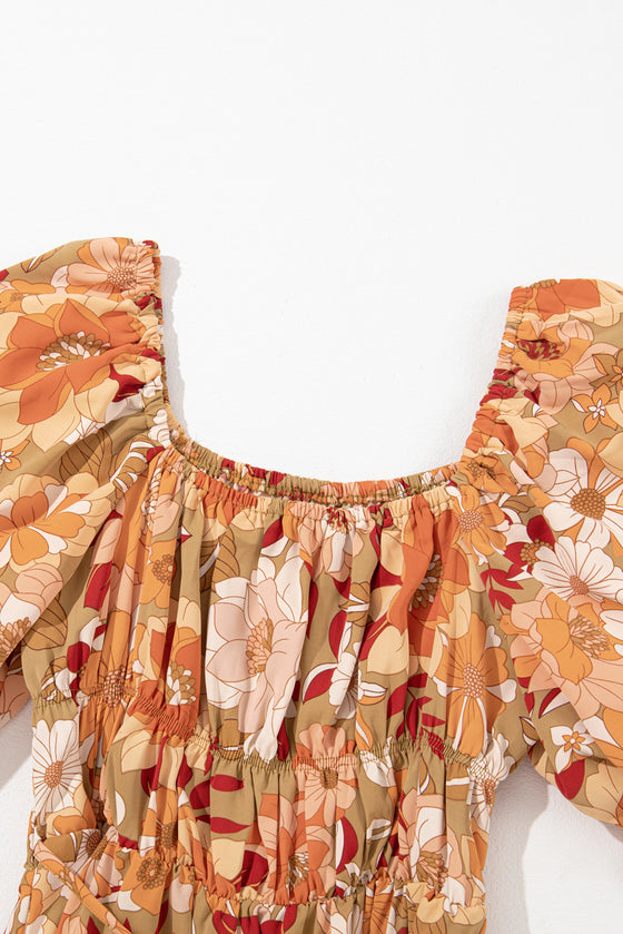 PACK6118553-P920-1, Green Ruffled Puff Short Sleeve Floral Dress