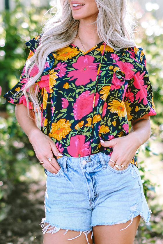 PACK25126107-P622-1, Rose Red Floral Bubble Sleeve Notch V Neck Ruffled Blouse