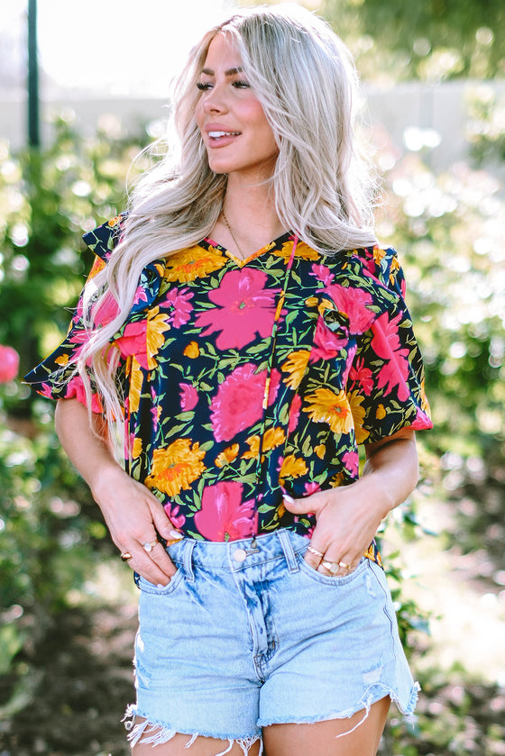 PACK25126107-P622-1, Rose Red Floral Bubble Sleeve Notch V Neck Ruffled Blouse