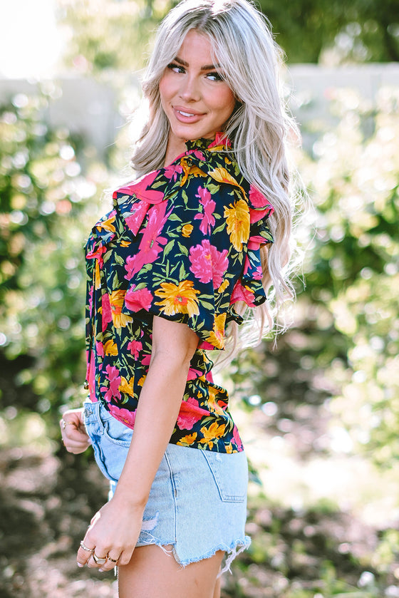 PACK25126107-P622-1, Rose Red Floral Bubble Sleeve Notch V Neck Ruffled Blouse