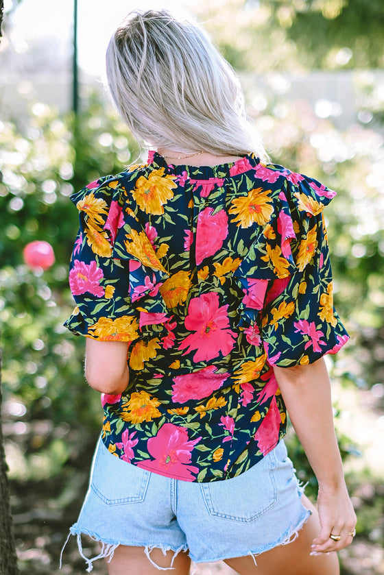 PACK25126107-P622-1, Rose Red Floral Bubble Sleeve Notch V Neck Ruffled Blouse