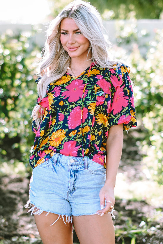 PACK25126107-P622-1, Rose Red Floral Bubble Sleeve Notch V Neck Ruffled Blouse