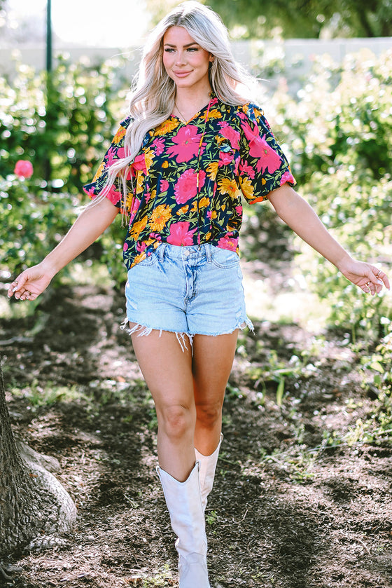 PACK25126107-P622-1, Rose Red Floral Bubble Sleeve Notch V Neck Ruffled Blouse