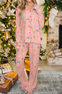  LC151158-P1020-S, LC151158-P1020-M, LC151158-P1020-L, LC151158-P1020-XL, LC151158-P1020-2XL, Pink Christmas Print Lapel Shirt and Pants Sleepwear