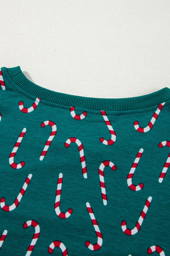 LC151067-P920-S, LC151067-P920-M, LC151067-P920-L, LC151067-P920-XL, Green Christmas Candy Cane Printed Top and Pants Lounge Set