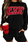 LC151125-P2-S, LC151125-P2-M, LC151125-P2-L, LC151125-P2-XL, LC151125-P2-2XL, Black Corded MERRY Graphic Long Sleeve Top and Shorts Set