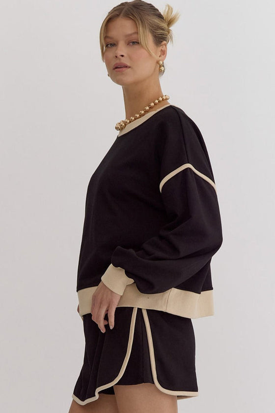 LC631113-P2-S, LC631113-P2-M, LC631113-P2-L, LC631113-P2-XL, Black Color Contrast Loose Pullover and Lace-up Waist Skort Set