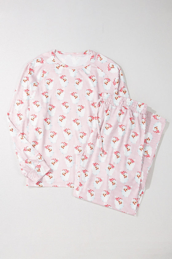 LC151151-P1020-S, LC151151-P1020-M, LC151151-P1020-L, LC151151-P1020-XL, LC151151-P1020-2XL, Pink Santa Claus Striped Print Loose Fit Two Piece Lounge Set