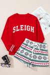 LC151213-P3-S, LC151213-P3-M, LC151213-P3-L, LC151213-P3-XL, LC151213-P3-2XL, Fiery Red SLEIGH Snowflake Print Long Sleeve Wide Leg Lounge Set
