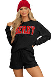 LC151125-P2-S, LC151125-P2-M, LC151125-P2-L, LC151125-P2-XL, LC151125-P2-2XL, Black Corded MERRY Graphic Long Sleeve Top and Shorts Set
