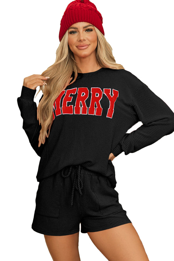 LC151125-P2-S, LC151125-P2-M, LC151125-P2-L, LC151125-P2-XL, LC151125-P2-2XL, Black Corded MERRY Graphic Long Sleeve Top and Shorts Set