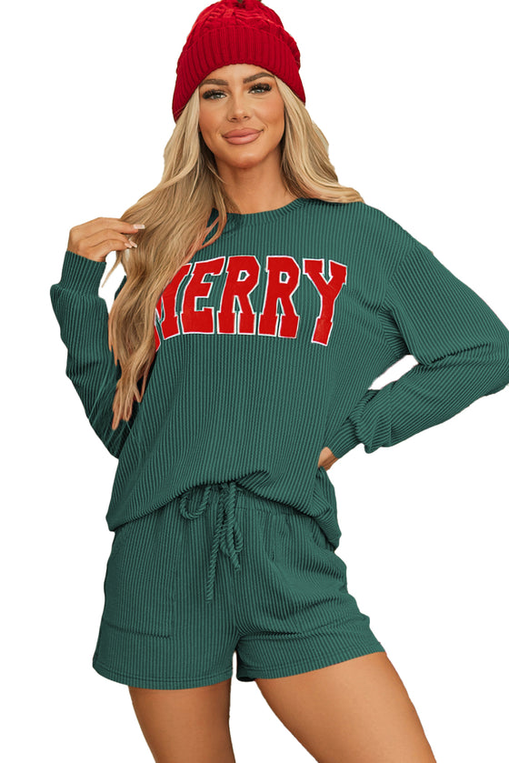 LC151125-P2509-S, LC151125-P2509-M, LC151125-P2509-L, LC151125-P2509-XL, LC151125-P2509-2XL, Evergreen Corded MERRY Graphic Long Sleeve Top and Shorts Set