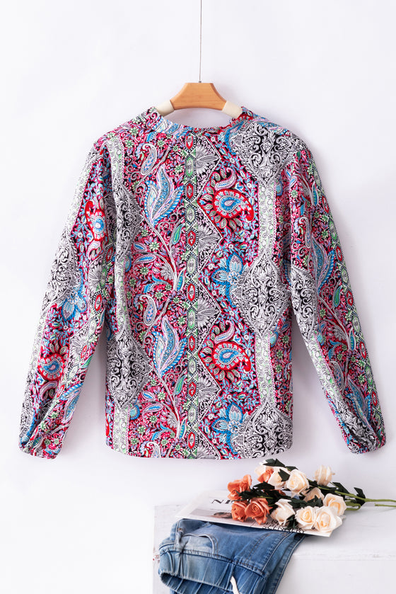 Vintage Boho Paisley Print Notched Neck Blouse