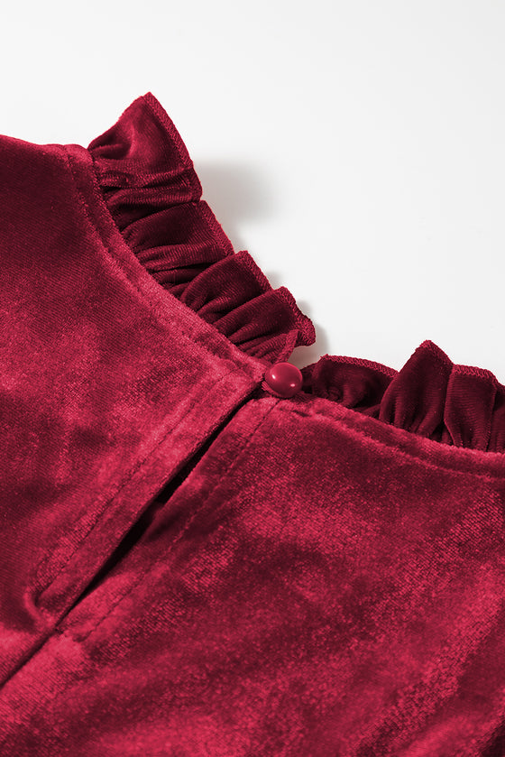 Velvet Frilled Neck Gigot Sleeve Swing Dress