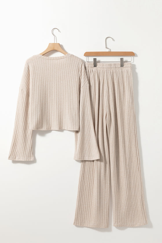 Ribbed Knit Bell Sleeve Crop Top Drawstring Pants Set