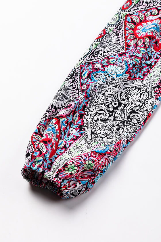 Vintage Boho Paisley Print Notched Neck Blouse