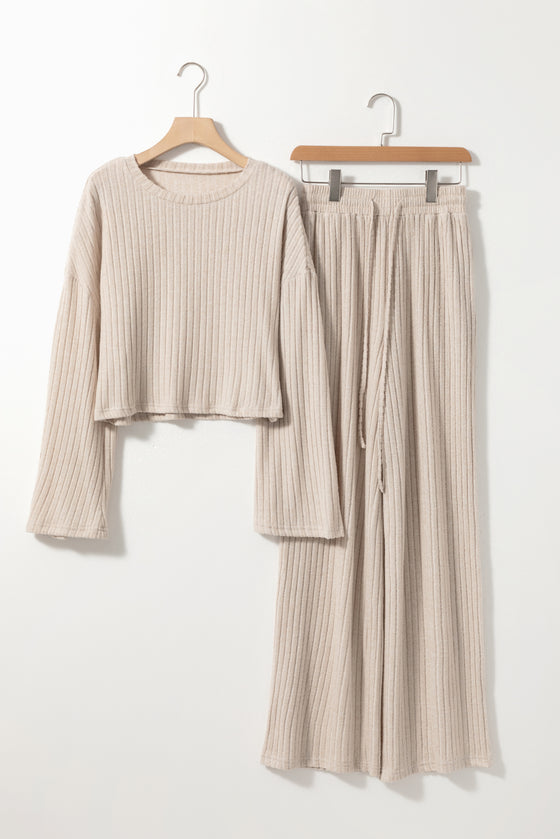 Ribbed Knit Bell Sleeve Crop Top Drawstring Pants Set