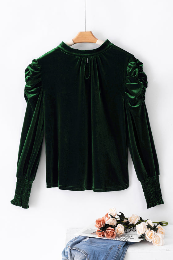 Fiery Mock Neck Puff Sleeve Velvet Blouse