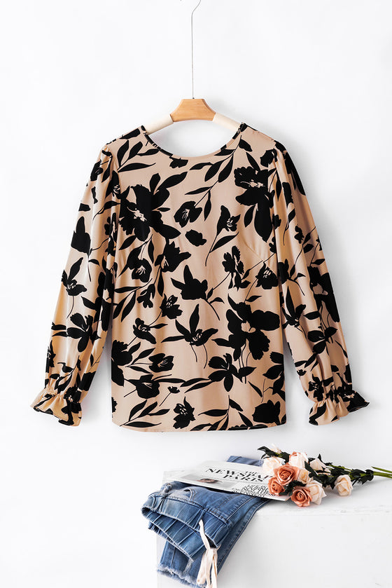 Floral Flounce Sleeve Hollowed Knot Back Blouse