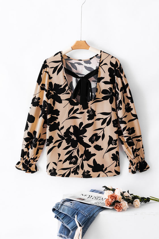 Floral Flounce Sleeve Hollowed Knot Back Blouse