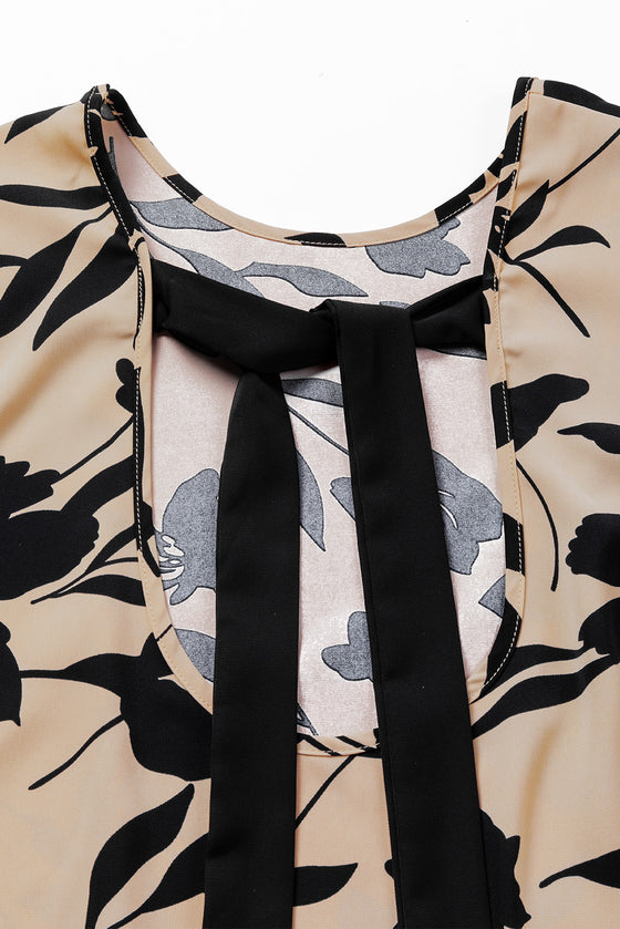 Floral Flounce Sleeve Hollowed Knot Back Blouse