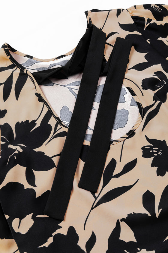 Floral Flounce Sleeve Hollowed Knot Back Blouse