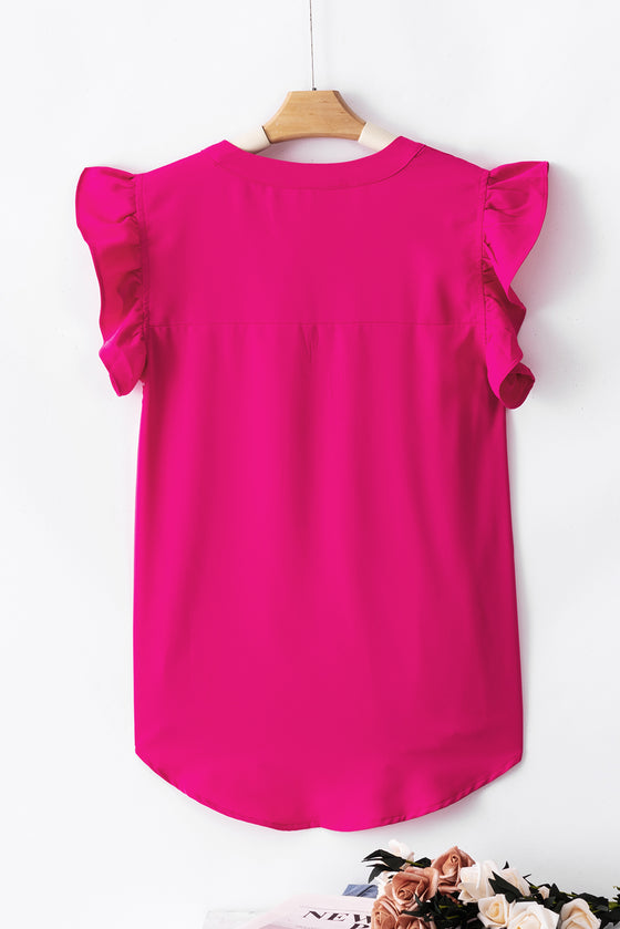 Notched Neck Ruffle Sleeve Blouse