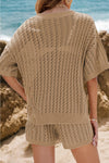 Knit Crochet Eyelets Short Sleeve Top and Shorts Set