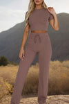 Solid Color Short Sleeve Crop Top and Pants Set