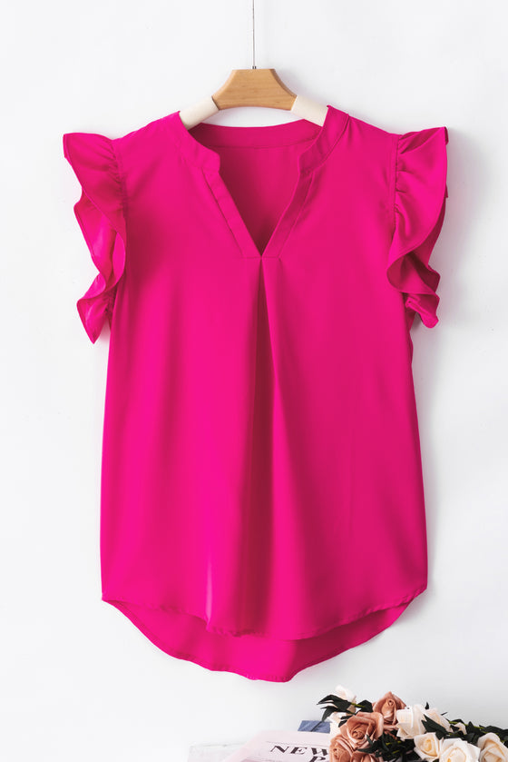 Notched Neck Ruffle Sleeve Blouse