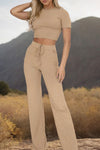 Solid Color Short Sleeve Crop Top and Pants Set