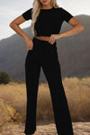 Solid Color Short Sleeve Crop Top and Pants Set