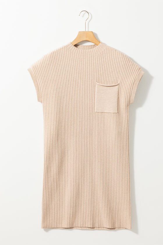 Patch Pocket Ribbed Knit Short Sleeve Sweater Dress