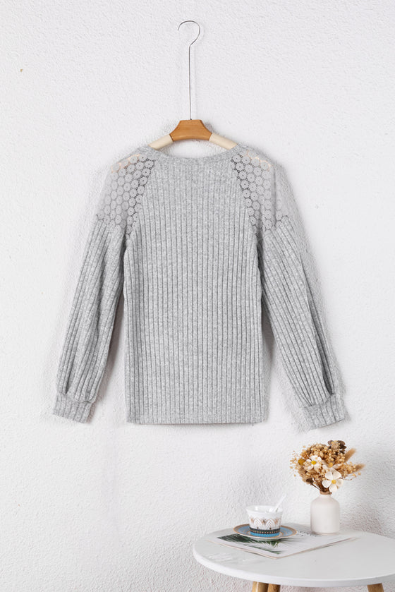 Contrast Lace Raglan Sleeve Buttoned Ribbed Top