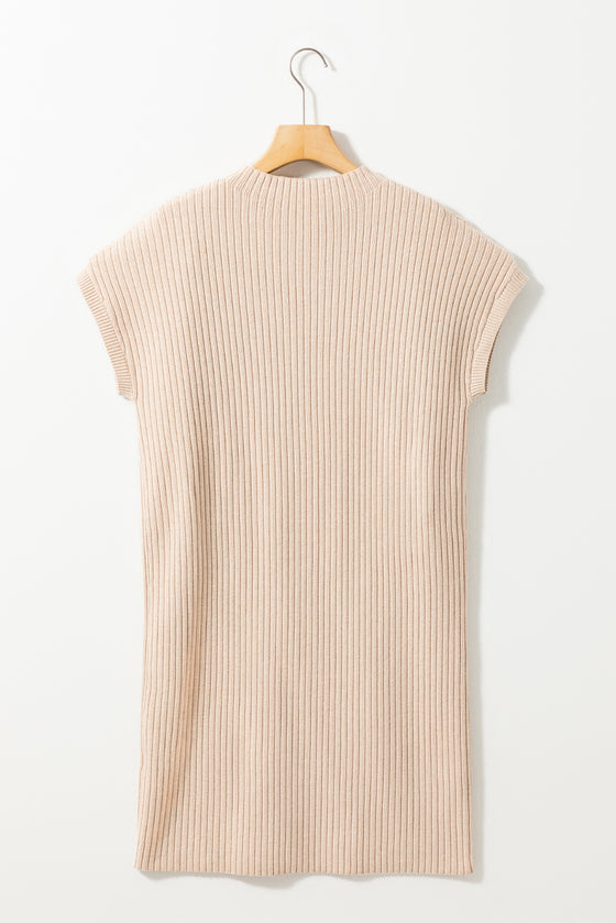 Patch Pocket Ribbed Knit Short Sleeve Sweater Dress