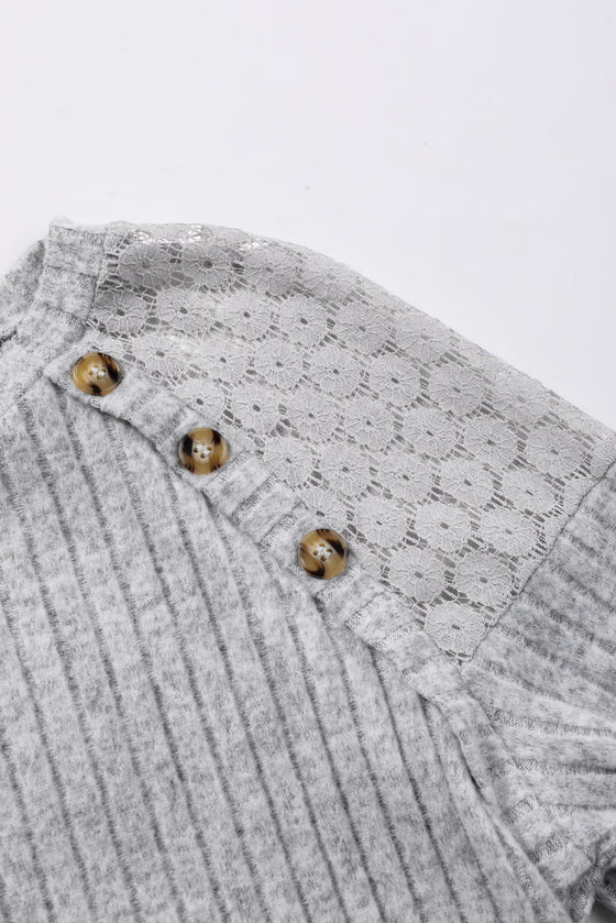 Contrast Lace Raglan Sleeve Buttoned Ribbed Top