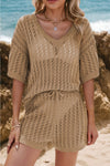 Knit Crochet Eyelets Short Sleeve Top and Shorts Set