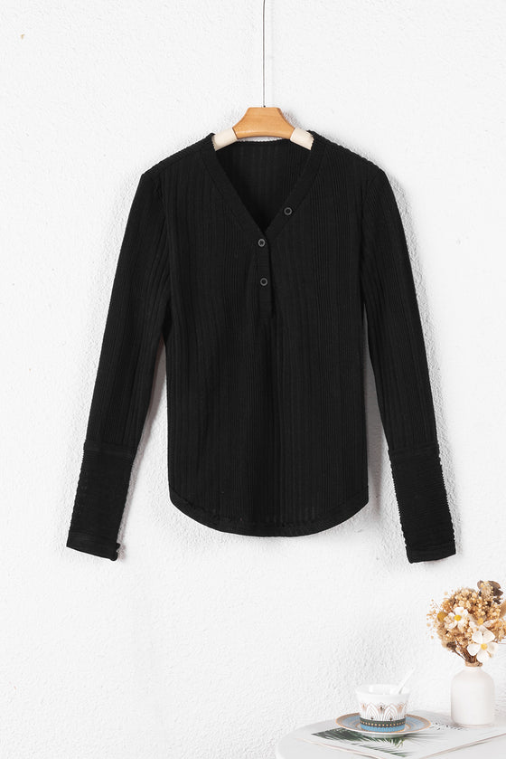 V Neck Buttoned Ribbed Knit Top