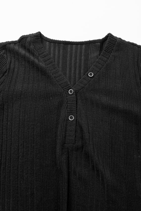 V Neck Buttoned Ribbed Knit Top