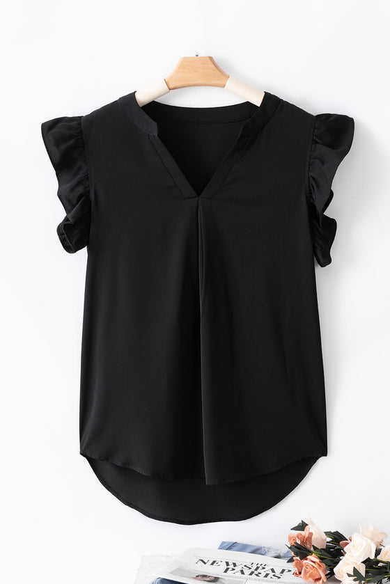 Notched Neck Ruffle Sleeve Blouse