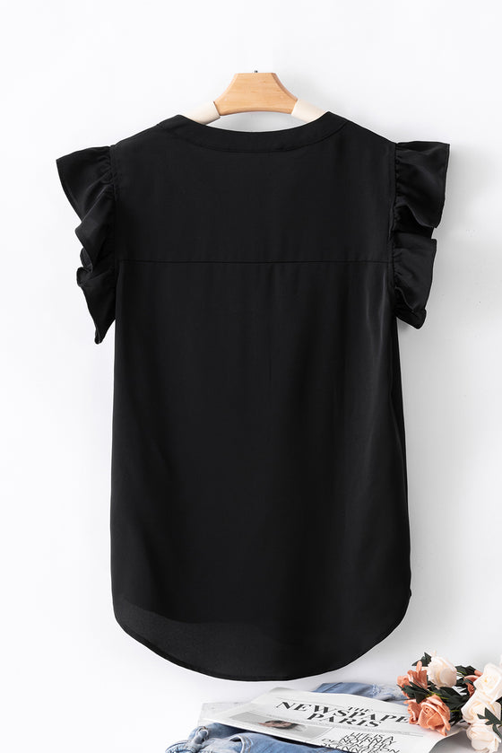 Notched Neck Ruffle Sleeve Blouse