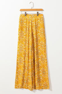  Bohemian Floral Print Pocketed Wide Leg Pants