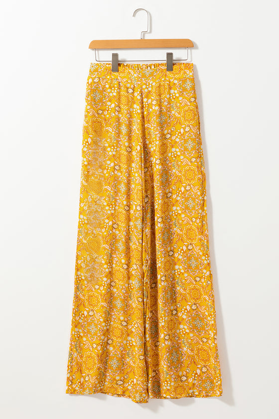 Bohemian Floral Print Pocketed Wide Leg Pants