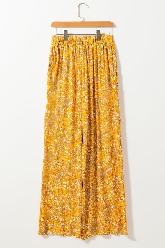 Bohemian Floral Print Pocketed Wide Leg Pants
