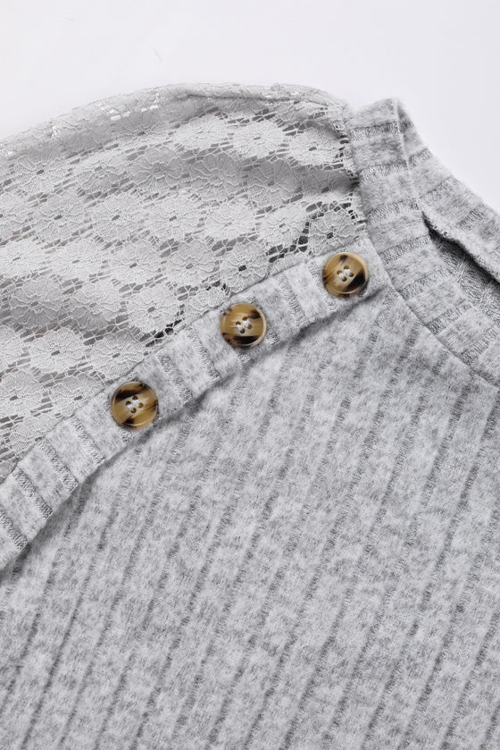 Contrast Lace Raglan Sleeve Buttoned Ribbed Top
