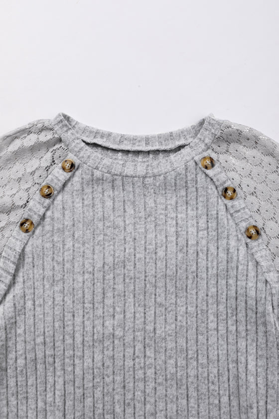 Contrast Lace Raglan Sleeve Buttoned Ribbed Top